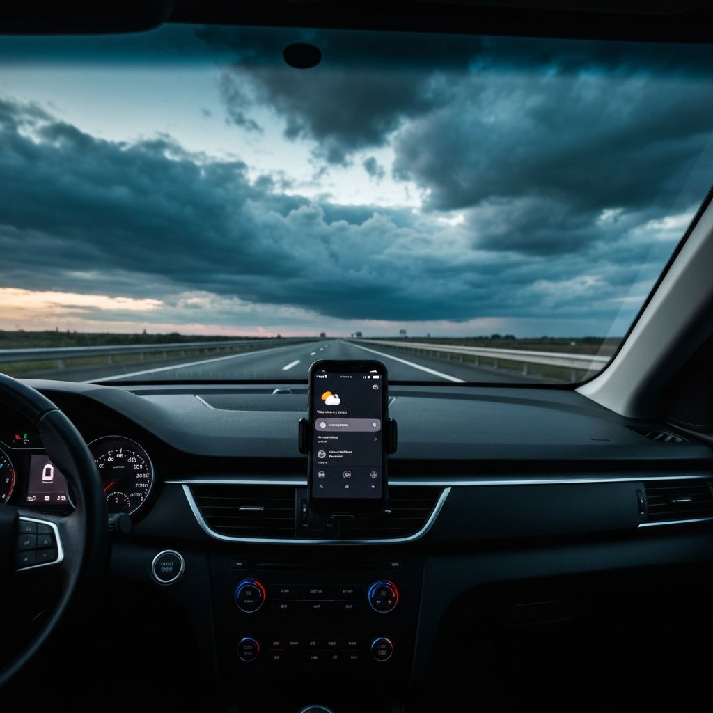 Highway view from inside a car with smartphone on dashboard